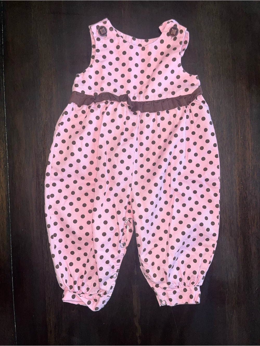 Sleeveless Pink Polka Dot Baby Romper with Brown Trim